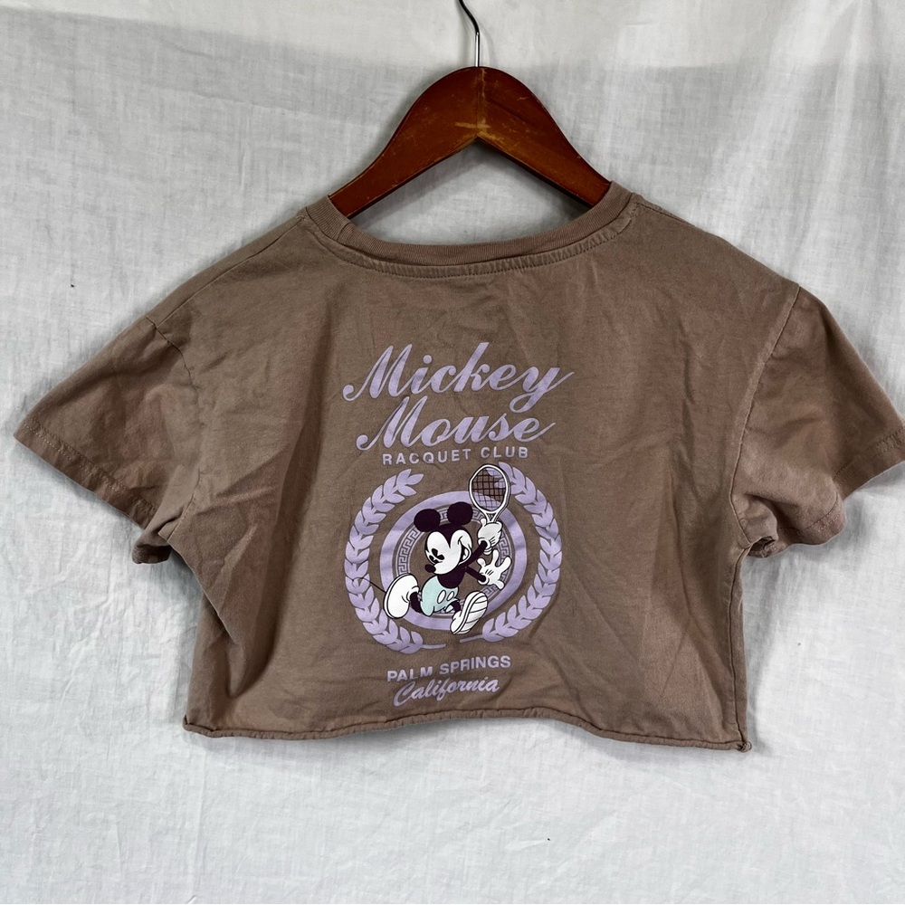 Mickey Mouse Tennis Club Palm Springs CA Half Shirt XS Crop Top Racquet Beige